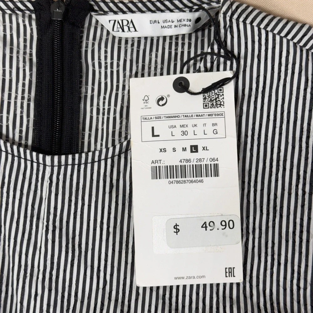 Zara Striped Ruched Puff Sleeve Blouse Black White Large Steampunk Victorian NWT